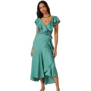 Anthropologie Green Asymmetrical Ruffled Wrap Midi Dress